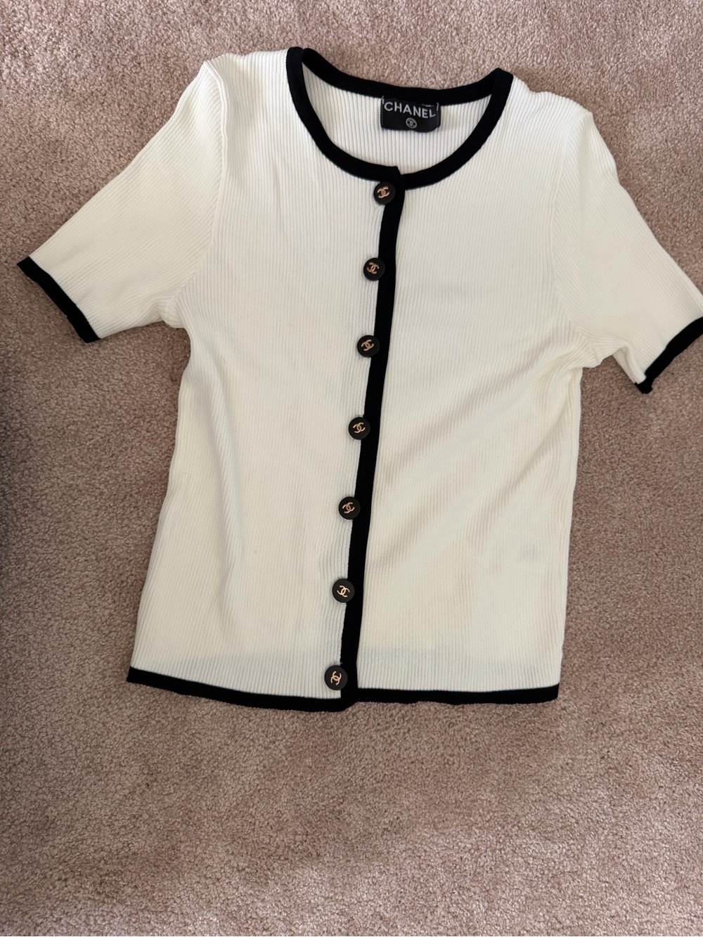 CHANEL Ribbed Short Sleeve Cardigan in Cream with Black Trim